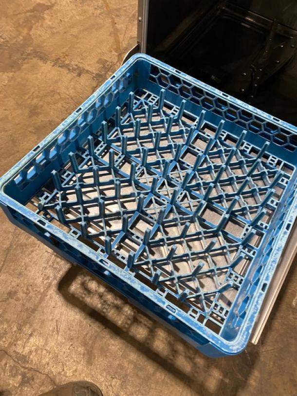 Hobart LXEC commercial dishwasher peg rack, blue, shown inside unit. Energy Star certified, low-temperature model.