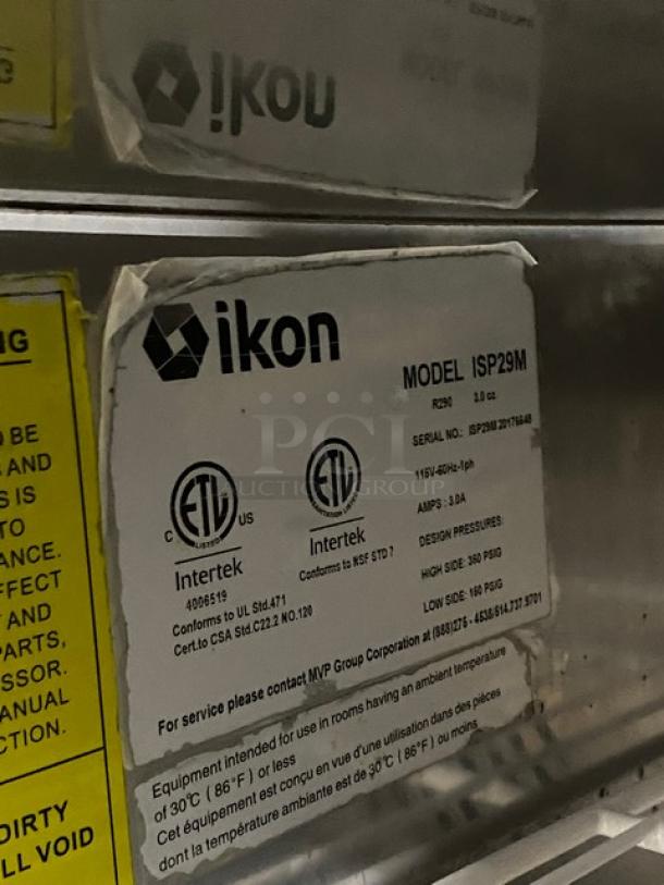 Ikon stainless steel refrigerated prep table, model ISP29M, single door, bain marie style, with poly-coated wire rack, on casters.