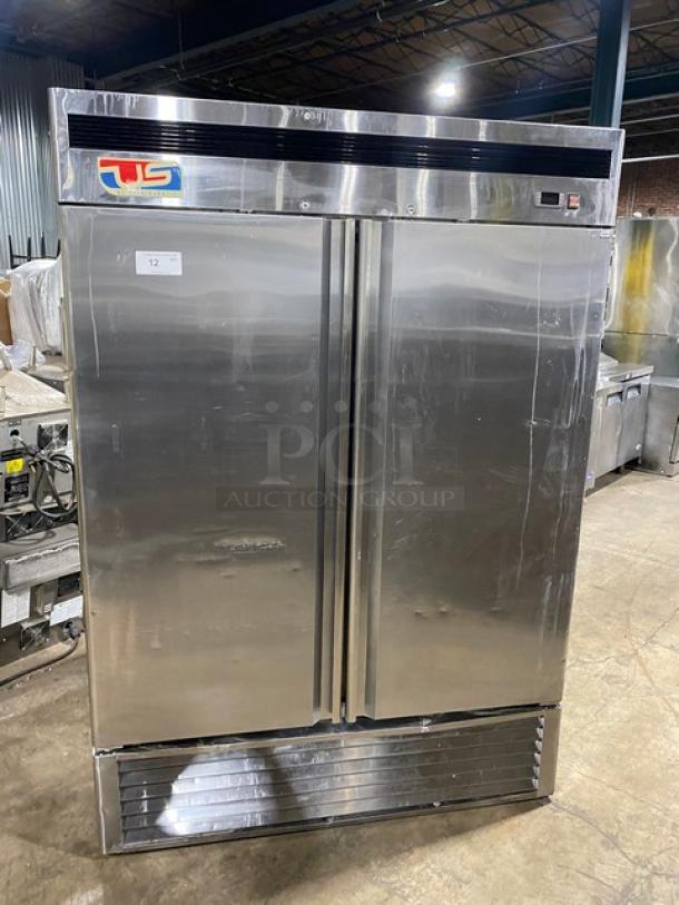 US Refrigeration USBV-48R Commercial 2 Door Stainless Steel Reach-In Refrigerator, Poly Coated Rack, 115V, 1 Phase.