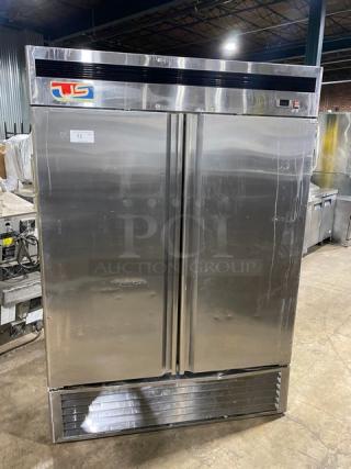US Refrigeration USBV-48R Commercial 2 Door Stainless Steel Reach-In Refrigerator, Poly Coated Rack, 115V, 1 Phase.