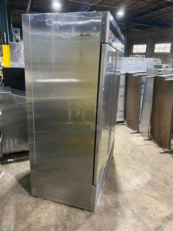 US Refrigeration stainless steel 2-door reach-in refrigerator, model USBV48R, with poly-coated wire rack, in good condition.