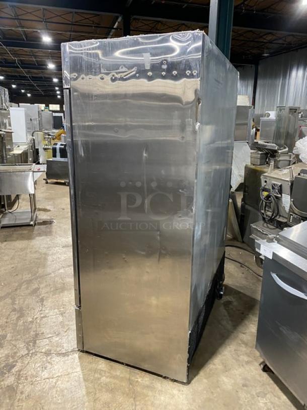 US Refrigeration stainless steel 2-door commercial refrigerator, Model USBV48R. Includes poly-coated wire rack. In used condition.
