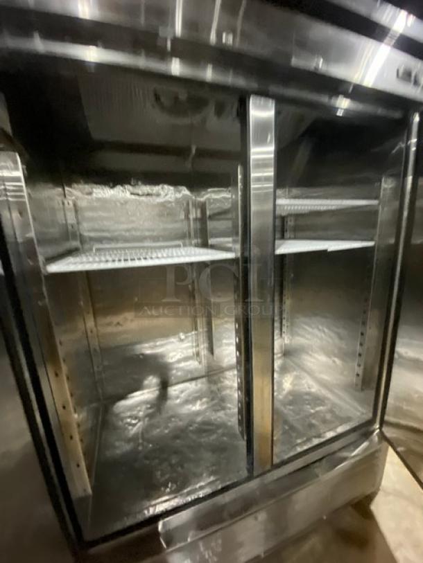 US Refrigeration USBV-48R commercial stainless steel 2-door reach-in refrigerator with poly-coated wired racks.