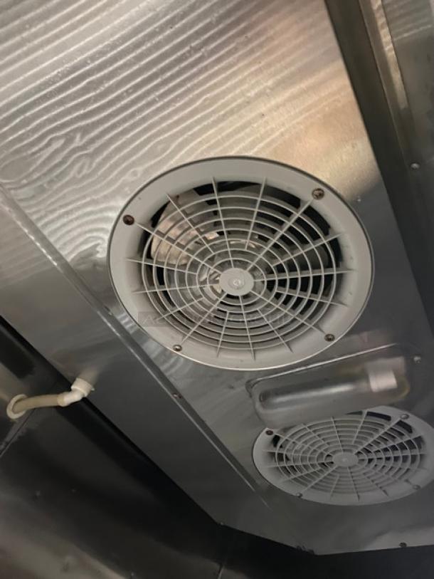 US Refrigeration USBV48R 2 Door Stainless Steel Refrigerator, showing interior cooling fans, model USBV-48R, 115V, 1 phase.