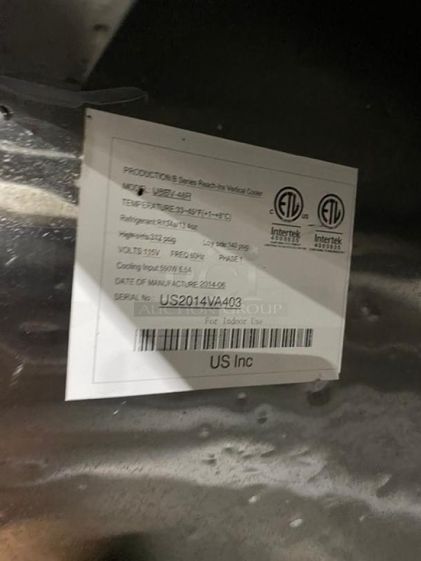 US Refrigeration 2 Door Reach In Refrigerator label showing model USBV-48R, serial US2014VA403, 115V, 1 Phase.