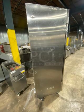 Norlake commercial stainless steel single door reach-in refrigerator, model TR231SSS/0, on casters with poly-coated wired rack.