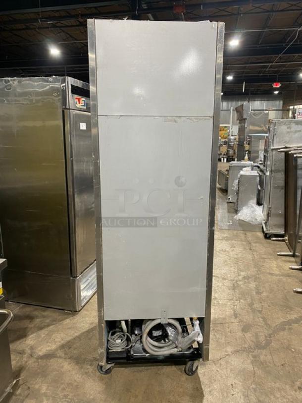 Norlake stainless steel single door reach-in refrigerator, model TR231SSS0, on casters, poly-coated wired rack.