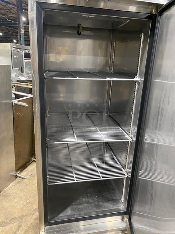 Norlake TR231SSS0 commercial stainless steel reach-in refrigerator, single door, poly-coated rack, on casters, 115V.
