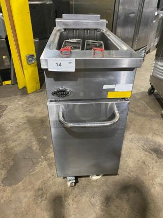 Empero stainless steel electric deep fat fryer with fry basket, model EMPPLS7FE010USA, on casters, 208V, 3 phase.