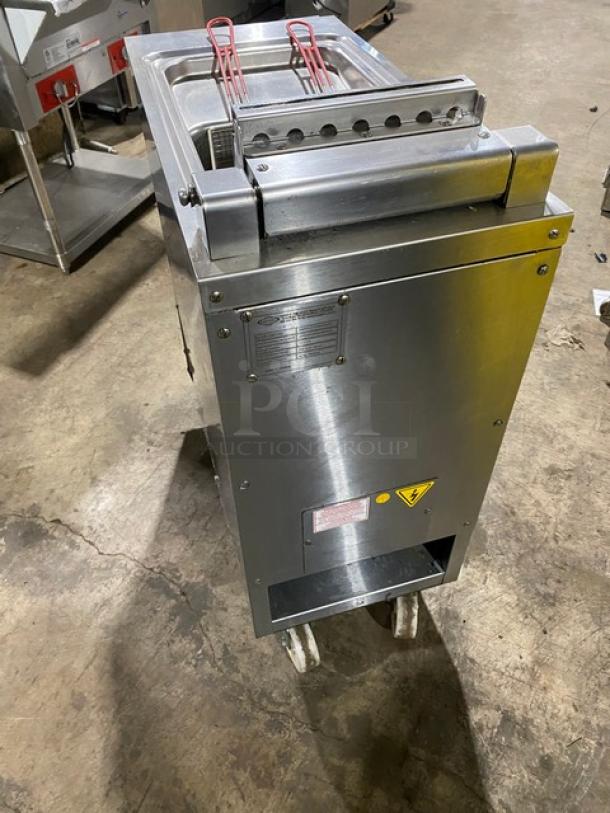 Empero Commercial Stainless Steel Deep Fat Fryer, Model EMPPLS7FE010USA. Features fry basket, 208V 3 Phase, on casters, serial JP0230000042485/2023.