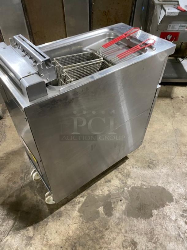 Empero stainless steel electric deep fryer, model EMPPLS7FE010USA, on casters with fry basket, in used condition.