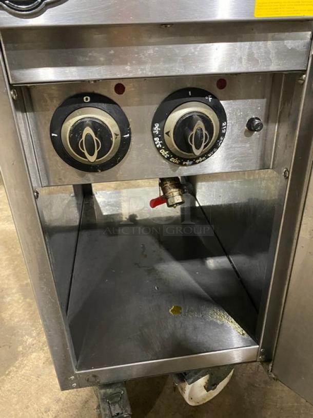 Empero commercial stainless steel electric deep fat fryer, model EMPPLS7FE010USA, with fry basket, 208V, 3-phase, on casters.