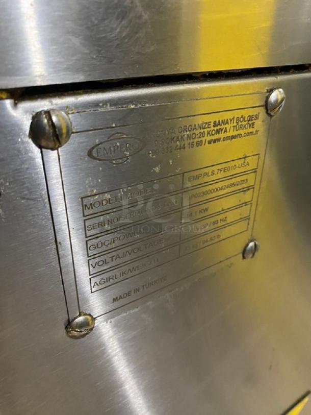Empero stainless steel electric deep fat fryer with fryer basket, Model: EMPPLS7FE010USA. 208V, 3 phase, on casters. Serial No: JP0230000042485/2023.