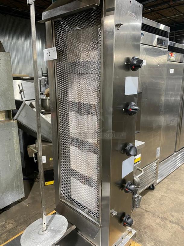 Inoksan 2022 stainless steel natural gas gyro machine, Model PDG105MN, five double burners, chopping block cart, on casters.