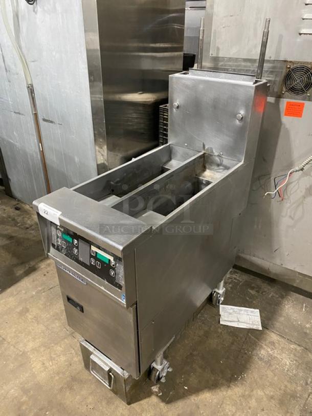 Pitco Solofilter Solstice Supreme Series 50 lb. split-tank fryer, model SFSSH55TRJS, stainless steel, digital controls, on casters.