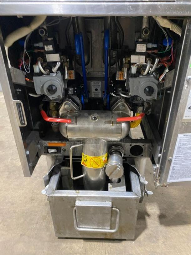 Pitco Solstice Supreme Series SFSSH55TR-JS commercial deep fryer, split-tank, stainless steel, casters, digital controls.