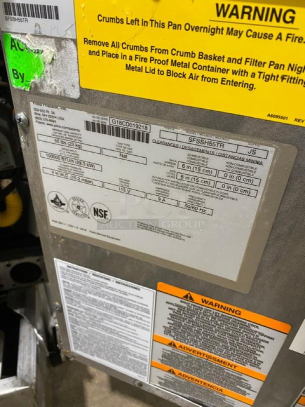 Pitco SFSSH55TR-JS deep fryer label showing model, serial number G18CD019218, warnings, and NSF certification.