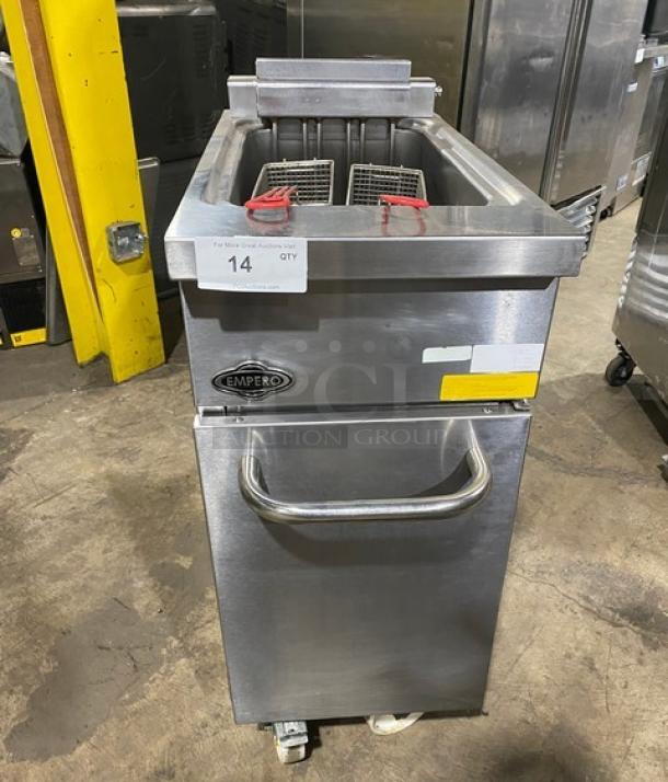 Commercial Empero stainless steel electric deep fat fryer with fry basket, model EMPPLS7FE010USA, on casters, 208V 3-phase.