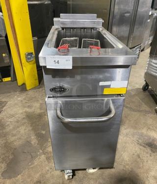 Commercial Empero stainless steel electric deep fat fryer with fry basket, model EMPPLS7FE010USA, on casters, 208V 3-phase.