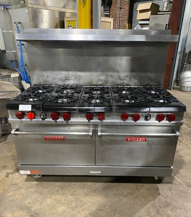 Vulcan commercial stainless steel 10-burner range with double oven, backsplash, overhead salamander shelf, and casters.