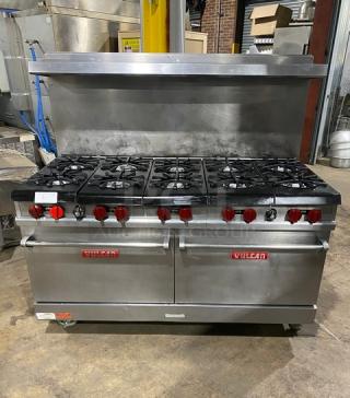 Vulcan Commercial Stainless Steel Natural Gas Powered 10 Burner Range/Double Oven Combo! With Back Splash & Overhead Salamander Shelf! With Wired Oven Rack! On Casters! - Item #1209429