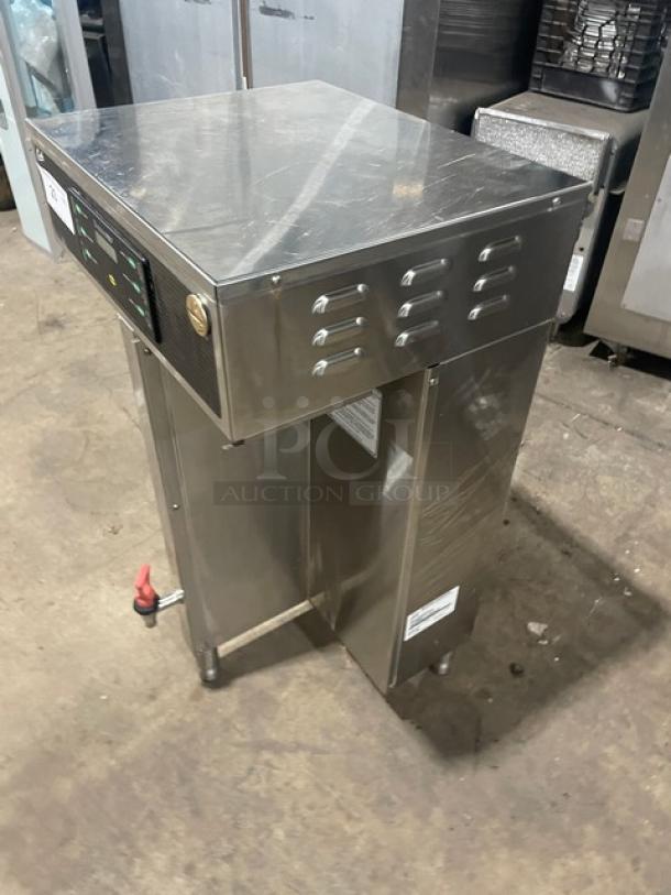 Curtis ThermoPRO Series TP2T10A3100 coffee brewer, stainless steel, twin thermal servers, hot water dispenser, 220V, on legs.