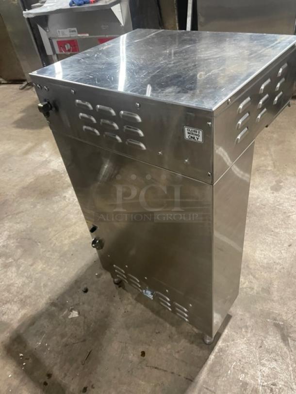 Curtis ThermoPRO Series stainless steel twin thermal-server coffee brewer, model TP2T10A3100, with hot water dispenser, on legs.