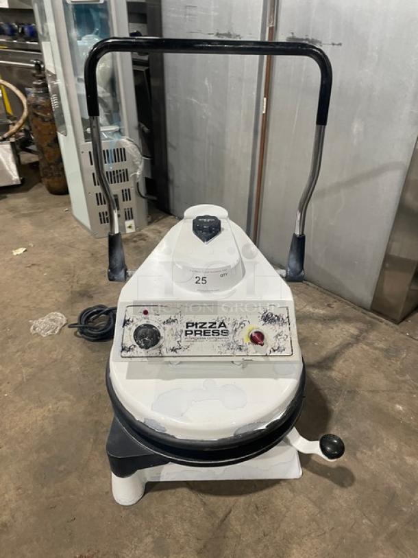 Dough Pro DP1100 commercial electric pizza dough press, white, features control panel, lever handle; used condition.