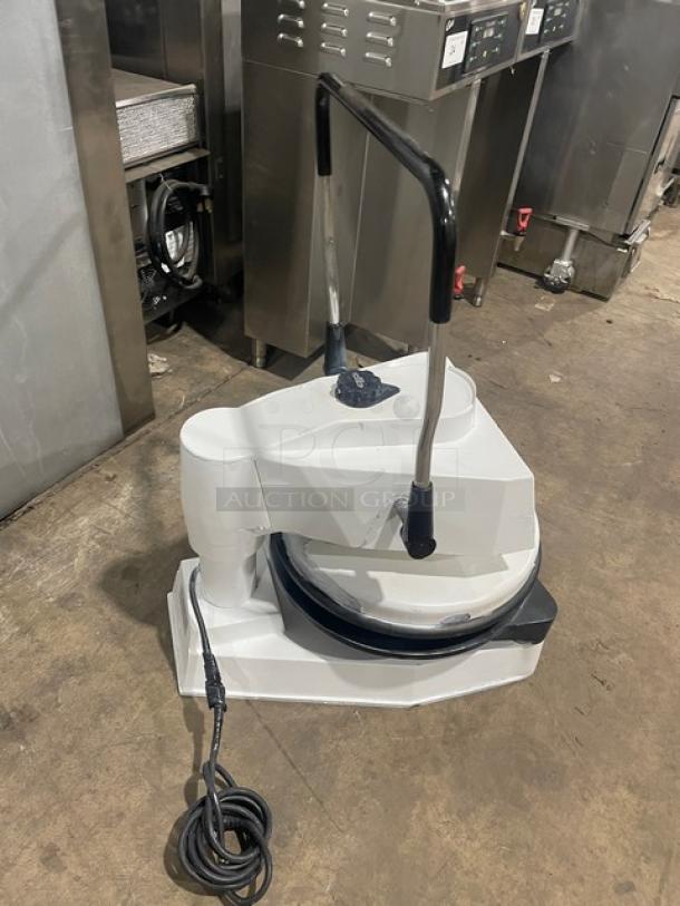 Dough Pro DP1100 white electric pizza dough press, countertop model in used condition, 120V, SN: 2140, black handle.