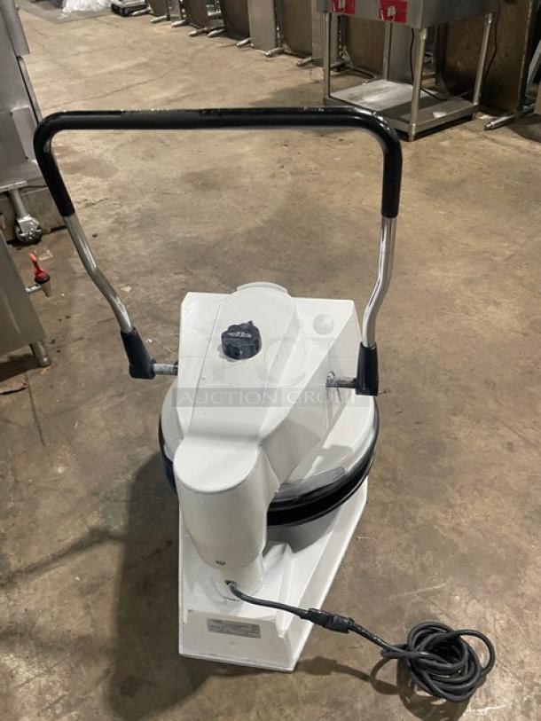 Dough Pro DP1100 white electric pizza dough press, countertop model, good condition, 120V, with handle and visible power cord.