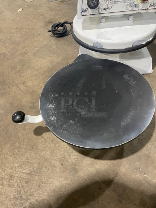 Dough Pro DP1100 electric pizza dough press, white, countertop model, used condition, 120V, serial number 2140.