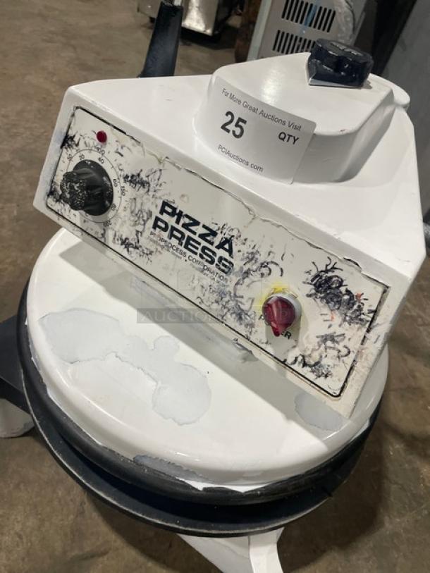 Dough Pro DP1100 pizza dough press machine, electric, 120V, white, used, visible wear, control panel with dials.
