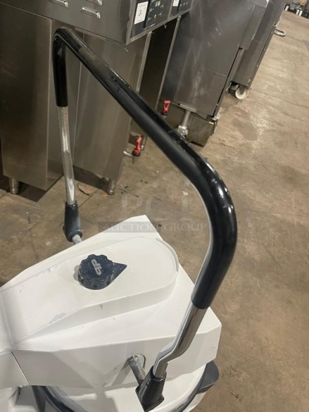 Dough Pro DP1100 electric pizza dough press, white, countertop model, visible handle and controls, 120V, SN: 2140.
