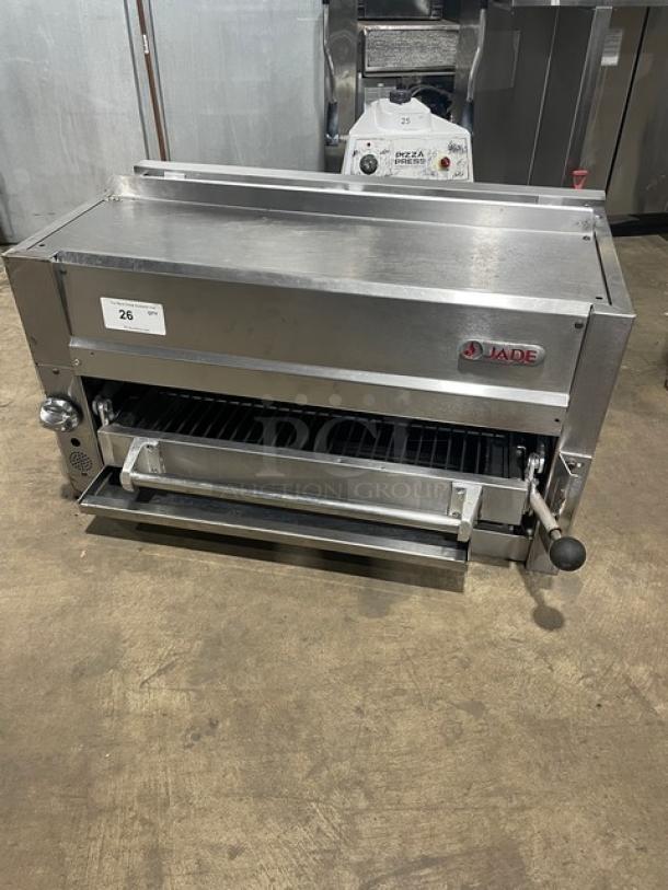 Jade Range stainless steel natural gas salamander broiler/cheese melter, pristine condition with visible control knobs and grates.