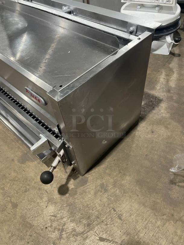 Jade Range stainless steel natural gas salamander broiler. Overhead design, used condition, ideal for cheese melting.