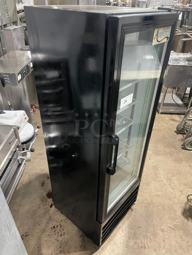 Avantco Commercial Black Single Glass Door Merchandiser Refrigerator, Model 178GDC10, with poly coated racks on legs.