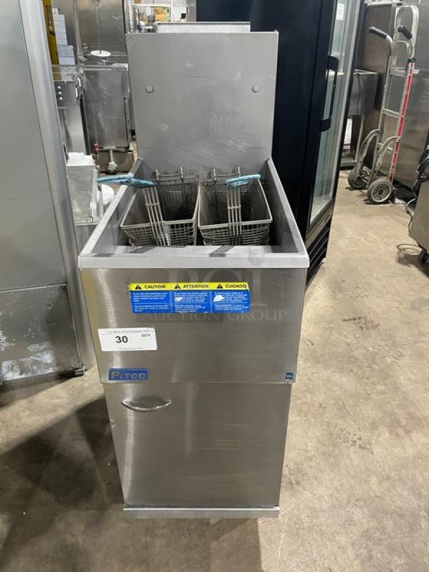 Pitco 35C+S stainless steel 35 lb. deep fat fryer with back splash and fry baskets, liquid propane powered, excellent condition.