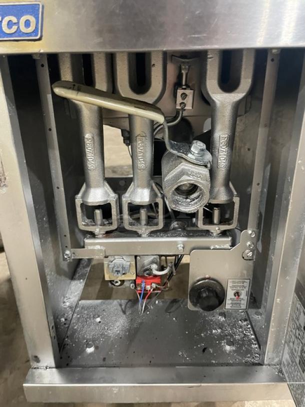 Pitco 35C+S fryer interior view, showing burners and controls. Stainless steel, used condition, serial G19BB003226.