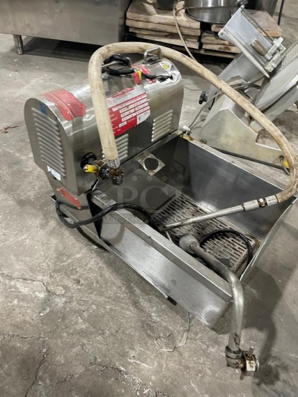 RF Hunter Filtrator HF130 oil filtration system, stainless steel, 130 lb capacity, electric, portable on casters, visible hoses.