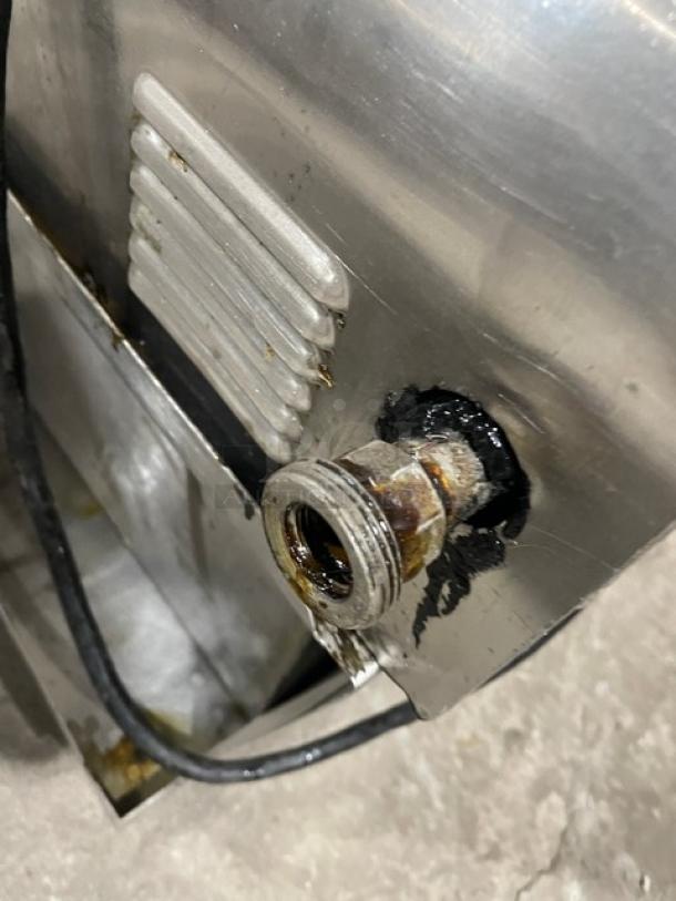 RF Hunter HF130 oil filtration unit detail, showing stainless steel body with a visible spout. Model: HF-130, SN: 19092.