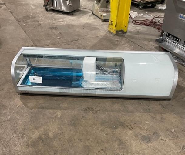 Marchia MSU150S 53" curved glass sushi display case, stainless steel, LED lights, rear sliding doors, new pans, legs, new condition.