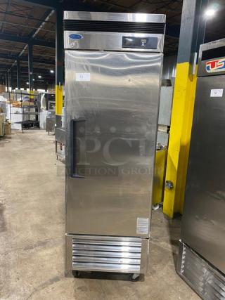 Norlake TR231SSS0 commercial stainless steel single door refrigerator with poly coated rack, on casters, model SN: 06081322.