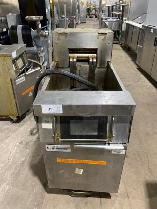 Frymaster FilterQuick Series Model 1FQE80U0ZQTZB17 stainless steel electric fryer with touchscreen, filtration system, on casters.