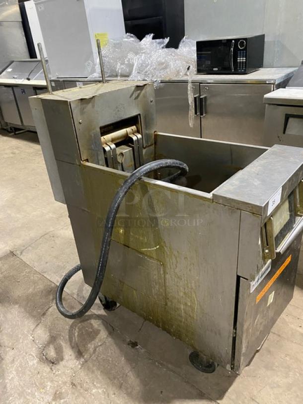Frymaster FilterQuick 1FQE80U0ZQTZB17 commercial stainless steel deep fryer with touch screen, filtration system, on casters.
