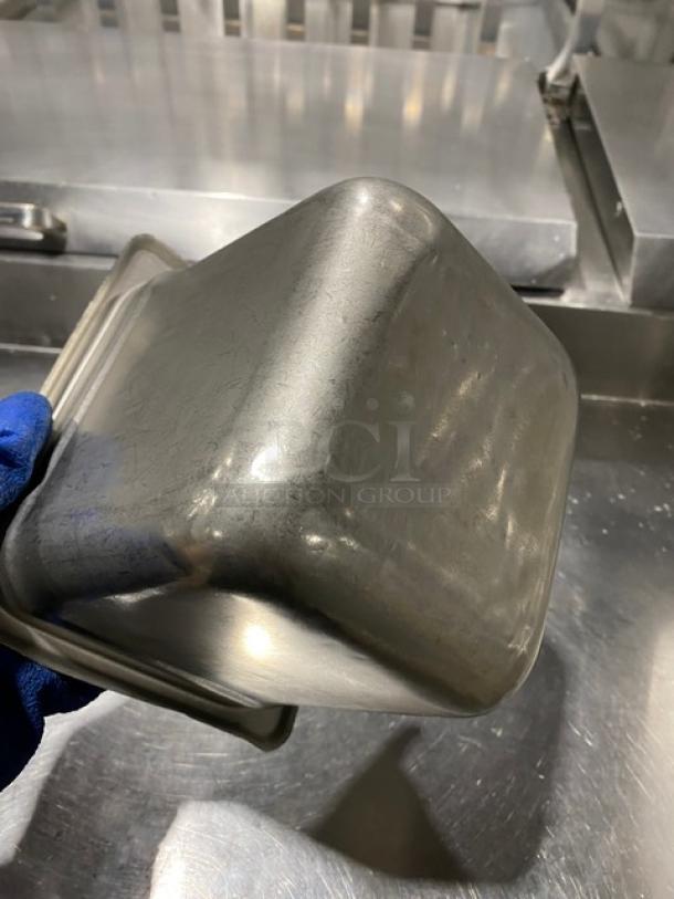 Stainless steel hotel steam table pan, durable construction, gently used condition, ideal for commercial kitchen use.