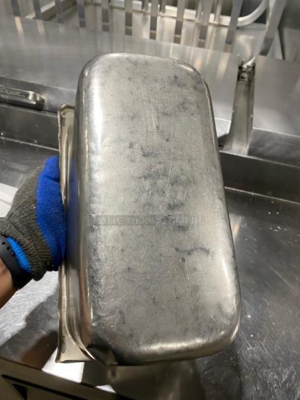 Commercial stainless steel steam table pan, rectangular shape, visibly used condition, 11x your bid value promotion.