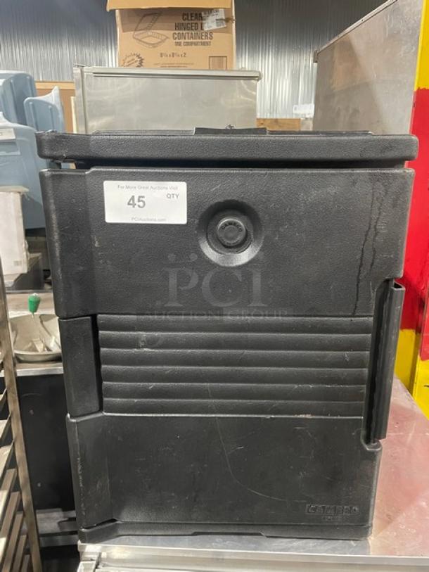 Cambro Ultra Series Black Front-Loading Insulated Food Pan Carrier, durable, used, visible label indicating 45 QTY.