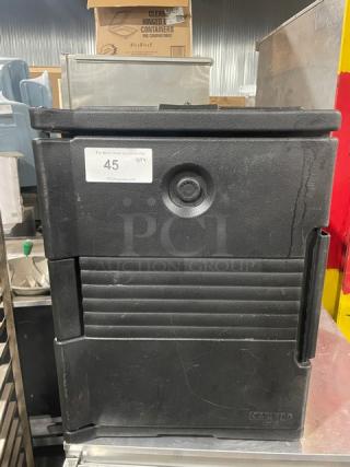 Cambro Ultra Series Black Front-Loading Insulated Food Pan Carrier, durable, used, visible label indicating 45 QTY.
