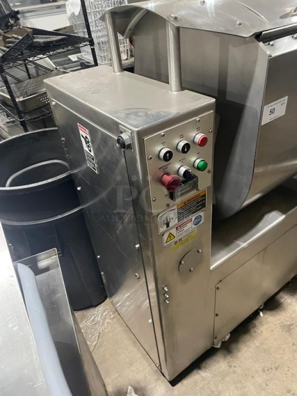 Attias Magna Mixer Model 50H-4C1, 10 Gal., 230V 3 Phase, stainless steel, electric-powered, roller-bar dough mixer on legs.