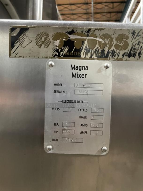 Attias Magna Mixer model 50H-4C1, SN: 40952, 230V, 3 Phase, stainless steel, electric dough mixer, high-speed, 10 Gal/50 LB capacity.